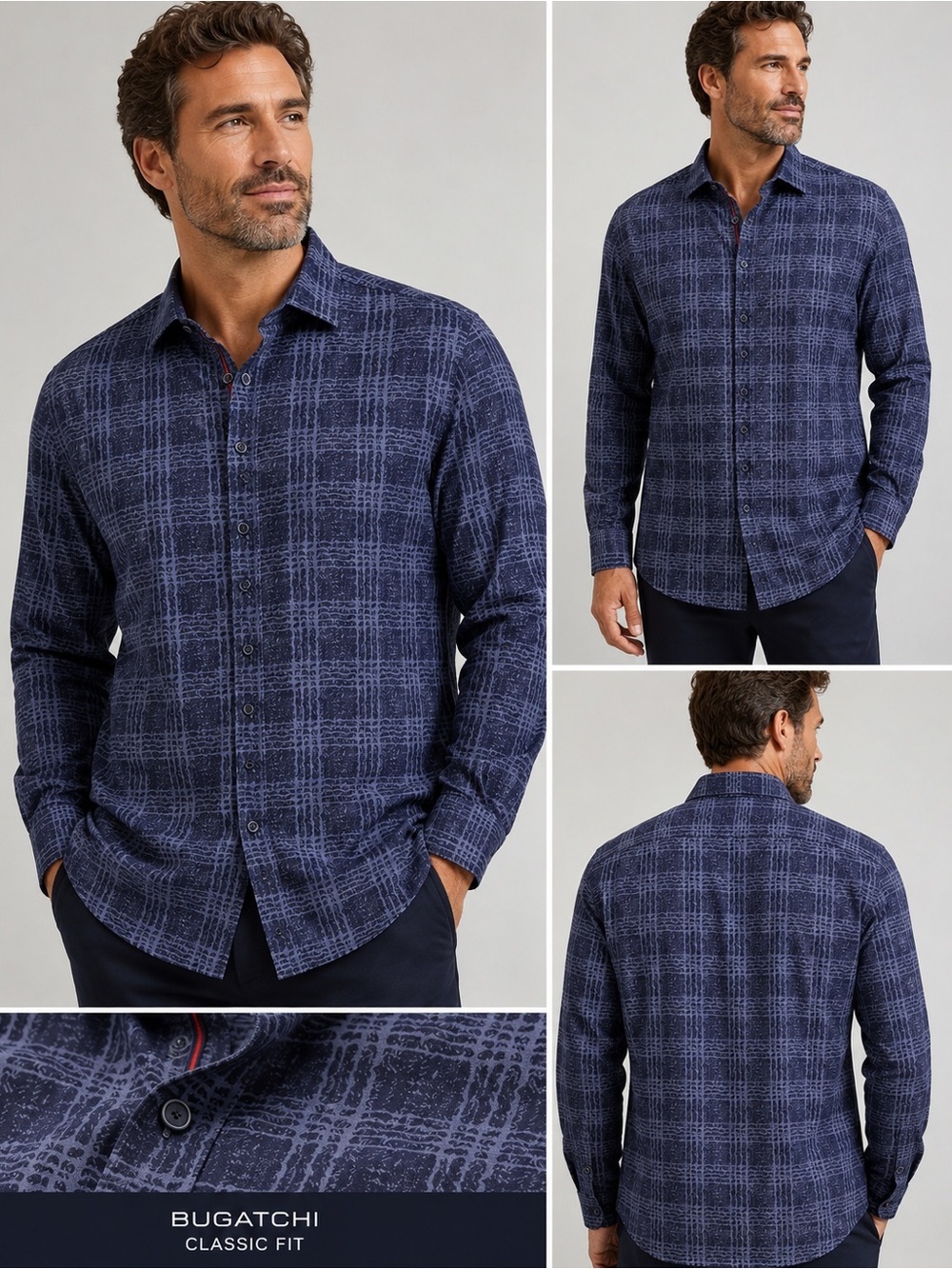 BUGATCHI Mens L Classic Fit Plaid Long Sleeve  Shirt Night Blue Textured Plaid